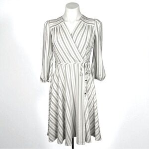 Calvin Klein White and Grey Striped Long Sleeve Midi Faux Wrap Dress